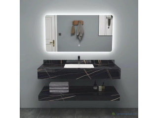 Meuble salle de bain noir avec miroir et rangement