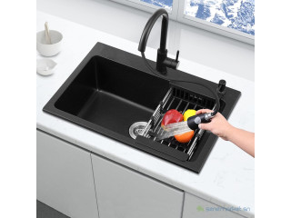 Évier de cuisine 2 bac style américain avec robinet mitigeur extractible