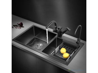 Bac de lavage 2 bac noir avec un robinet mitigeur extractible