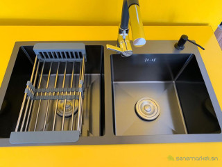 Evier 2 bac noir avec robinet extractible