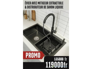 Promotion évier 2 bac noir avec un robinet mitigeur extractible